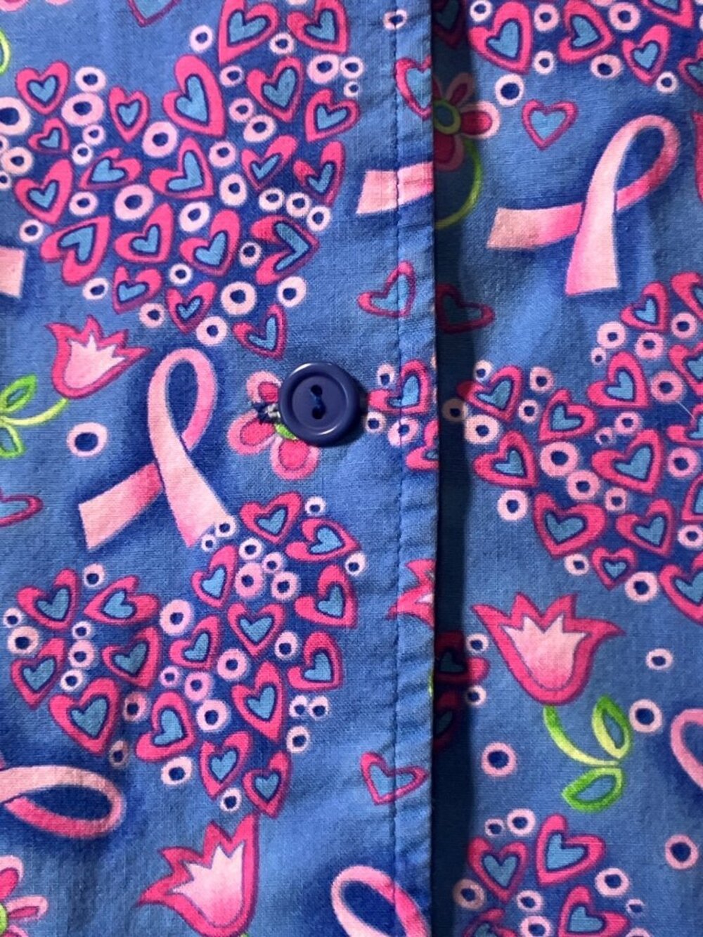 Peaches Womens Blue Pink Ribbon and Floral Print Scrub Jacket100% Cotton - Picture 7 of 13